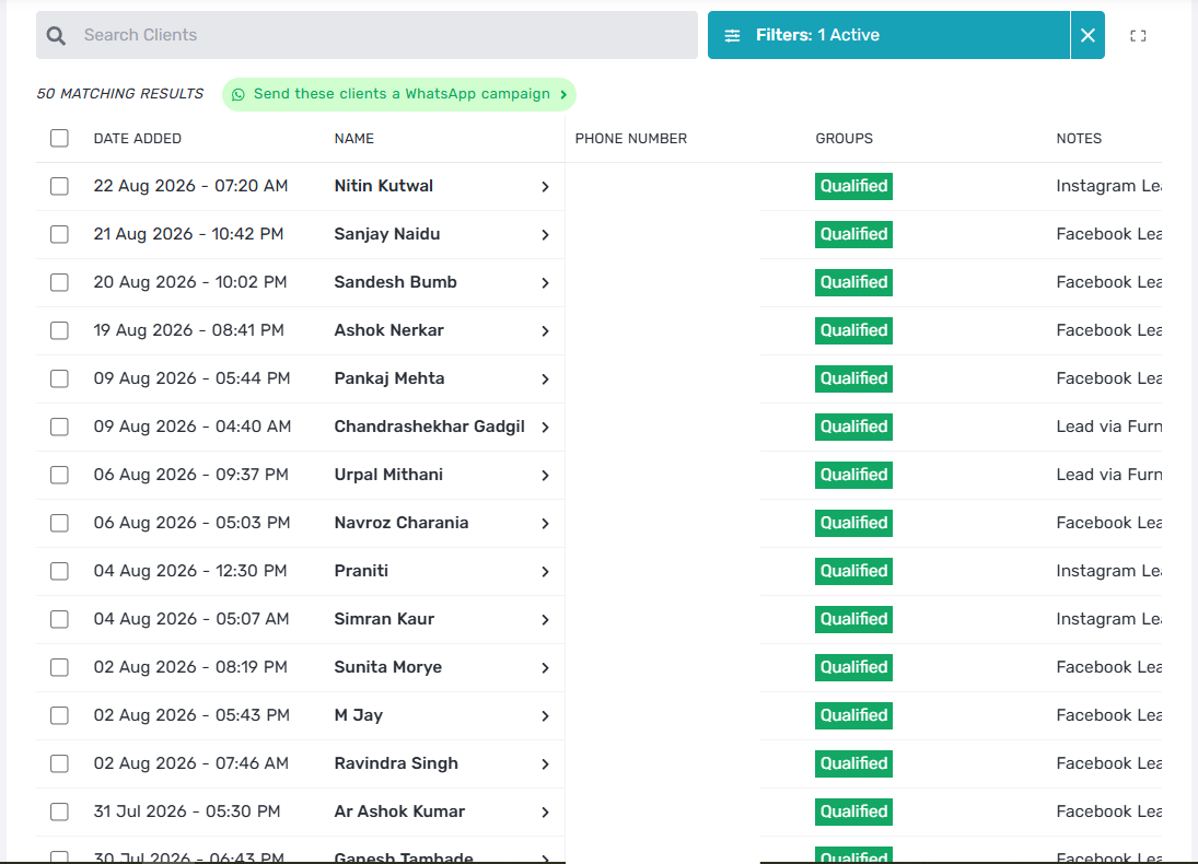 CRM screenshot showing Furniture Creations by UCD leads tagged Qualified with Instagram and Facebook sources