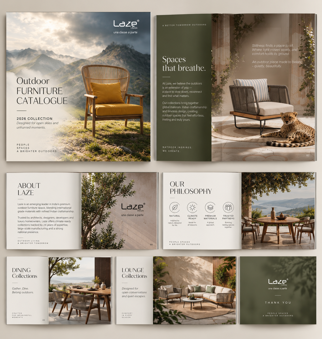 Laze Lifestyle outdoor furniture catalogue spreads: cover, philosophy, about, dining and lounge collections